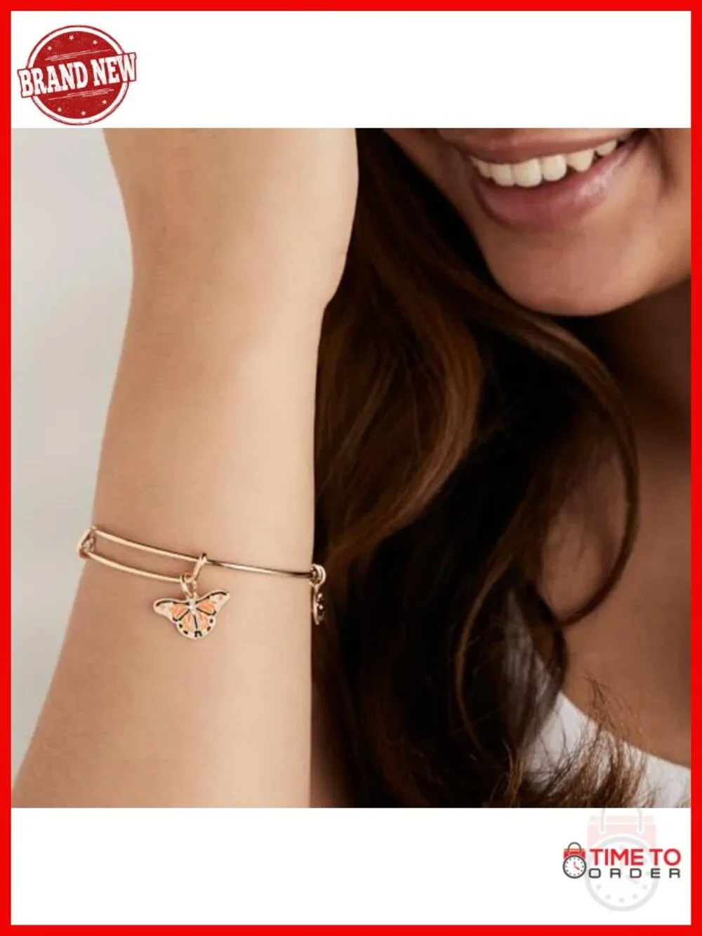 Expandable Butterfly Charm Bangle Bracelet - Gold Plated Brass